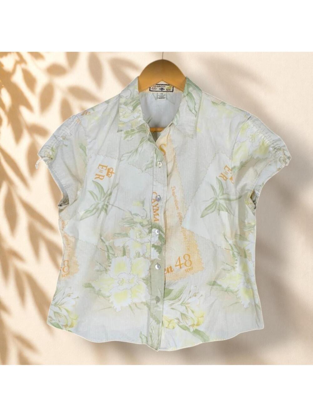 Caribbean Joe Shirt Women PM Petite White Floral Button Up Collared Short Sleeve
